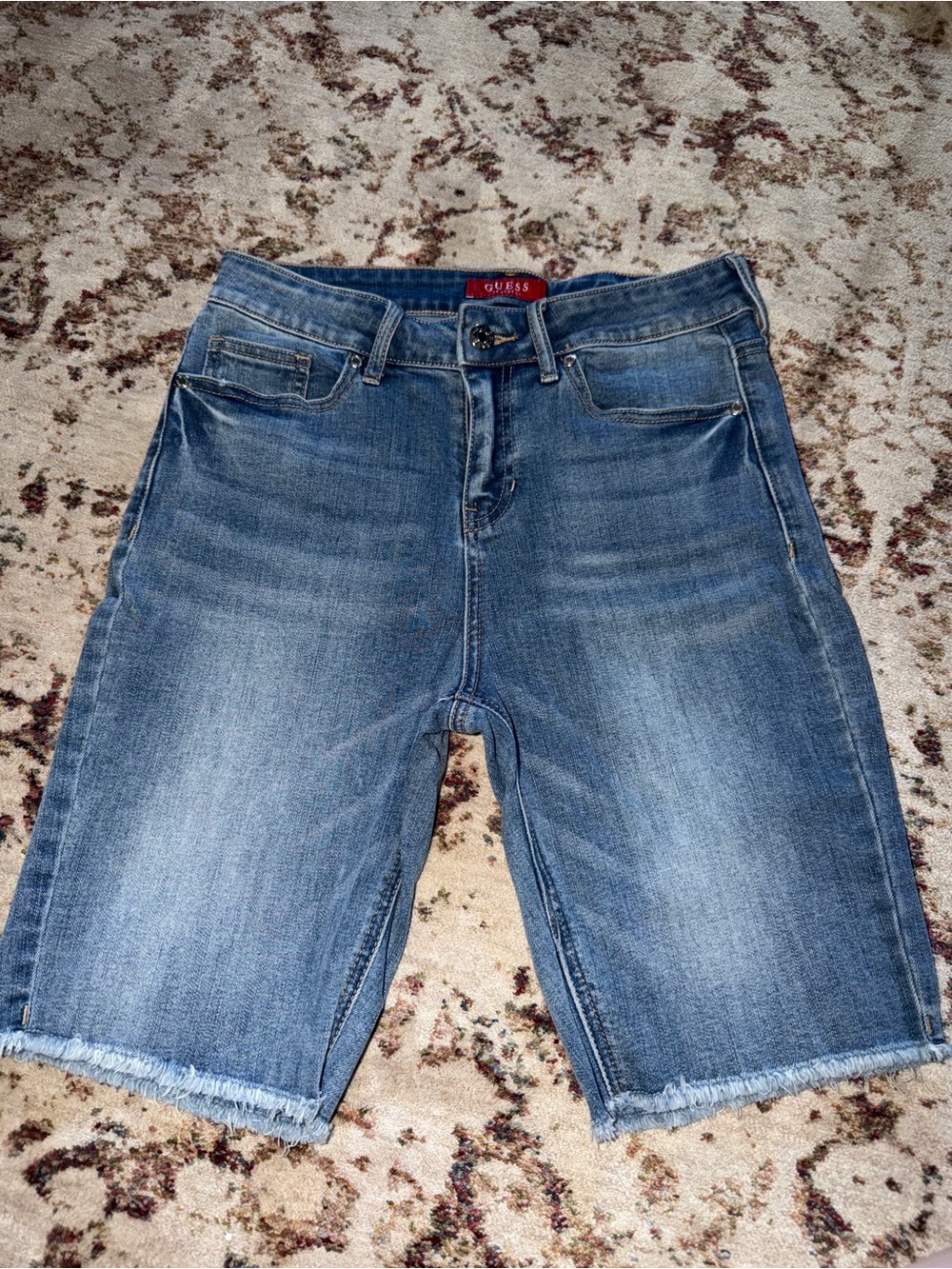 Guess Blue Denim Shorts with Red Logo Patch